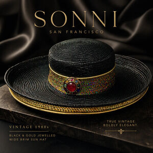 Vintage 1980's Sonni SF Black Gold Wide Brim Woven Hat Sequin Jewel Statement